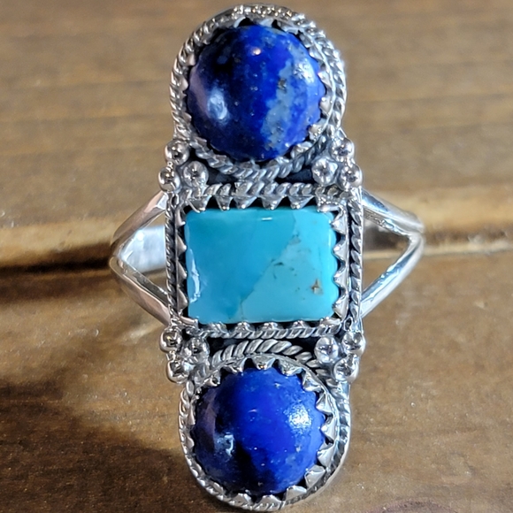 Hand Crafted Jewelry - Native Lapis Turquoise Gemstone Ring 8.5 Sterling Silver Boho Size Womens Gypsy